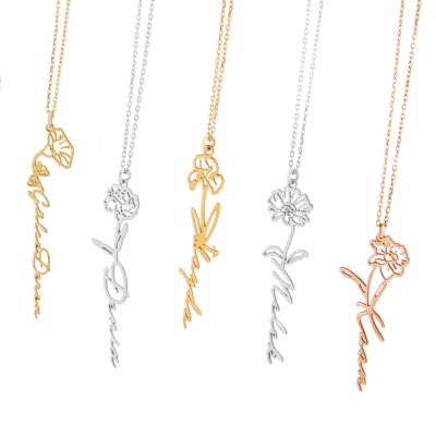 Name Necklace with Birth Flower